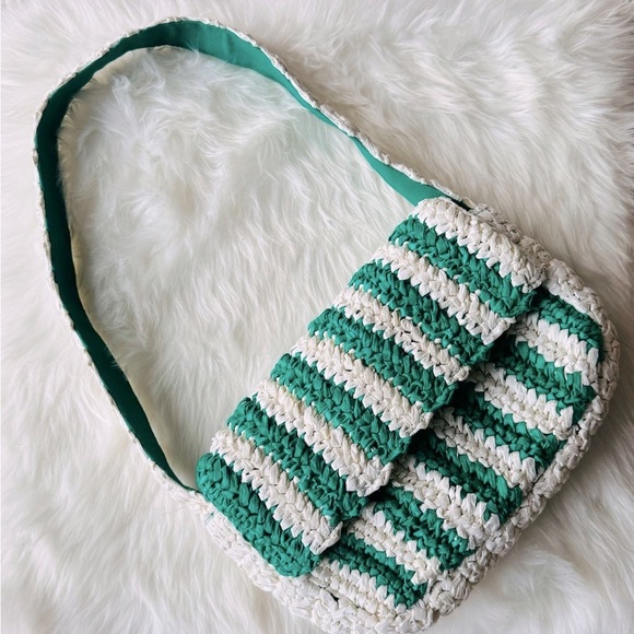 NWOT Anthropologie Stripe Raffia Shoulder Bag - Picture 2 of 9